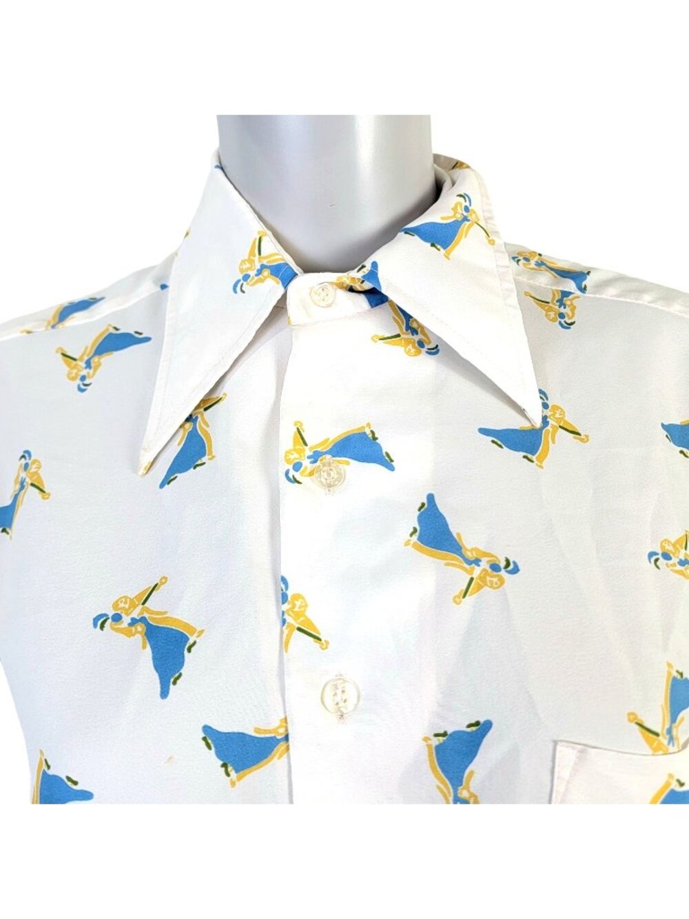 Vintage 70s Ballroom Dancer Shirt Women Large White Blue Button Top Blouse Retro